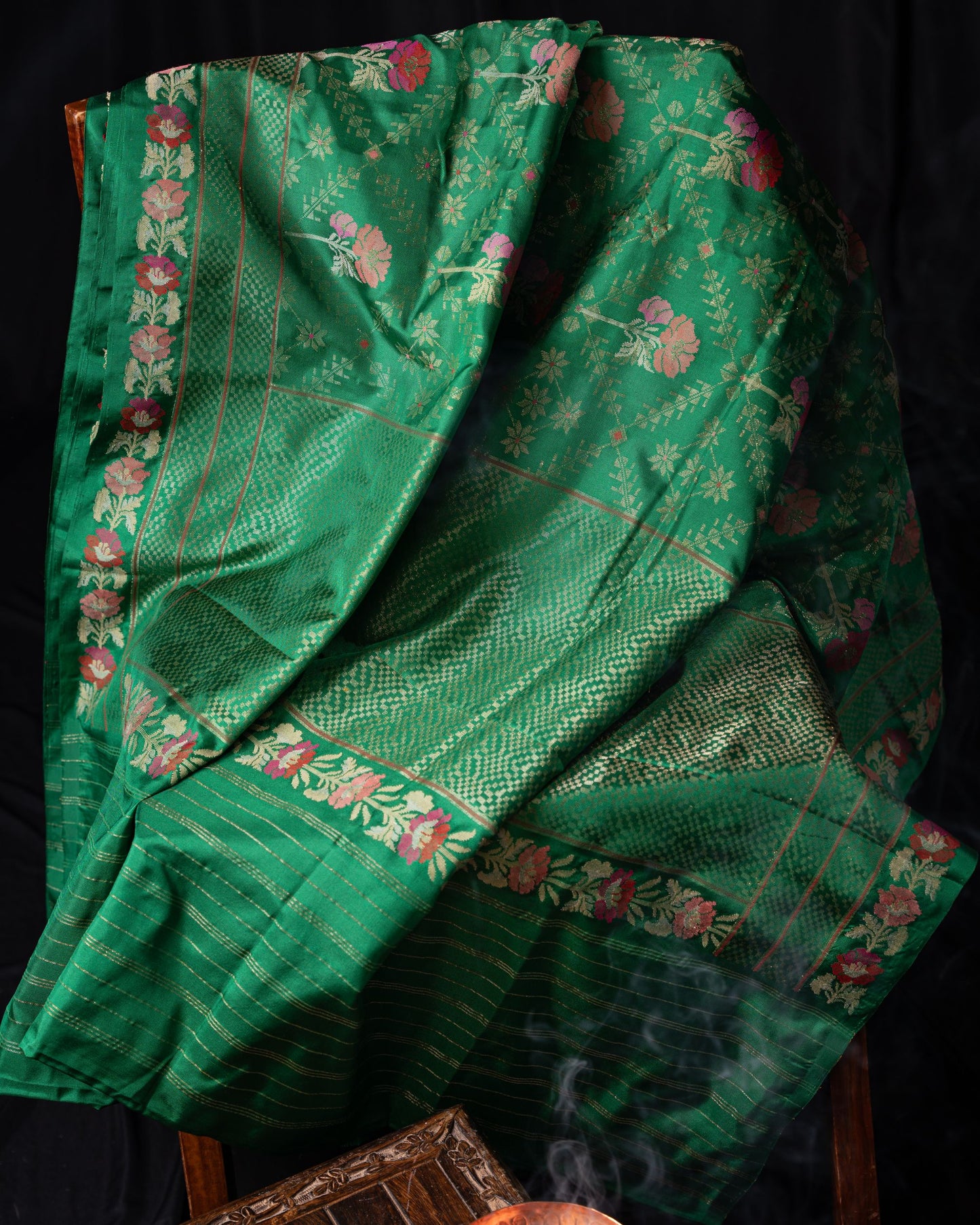 Banarasi Silk Jamdani Jaal Green Saree