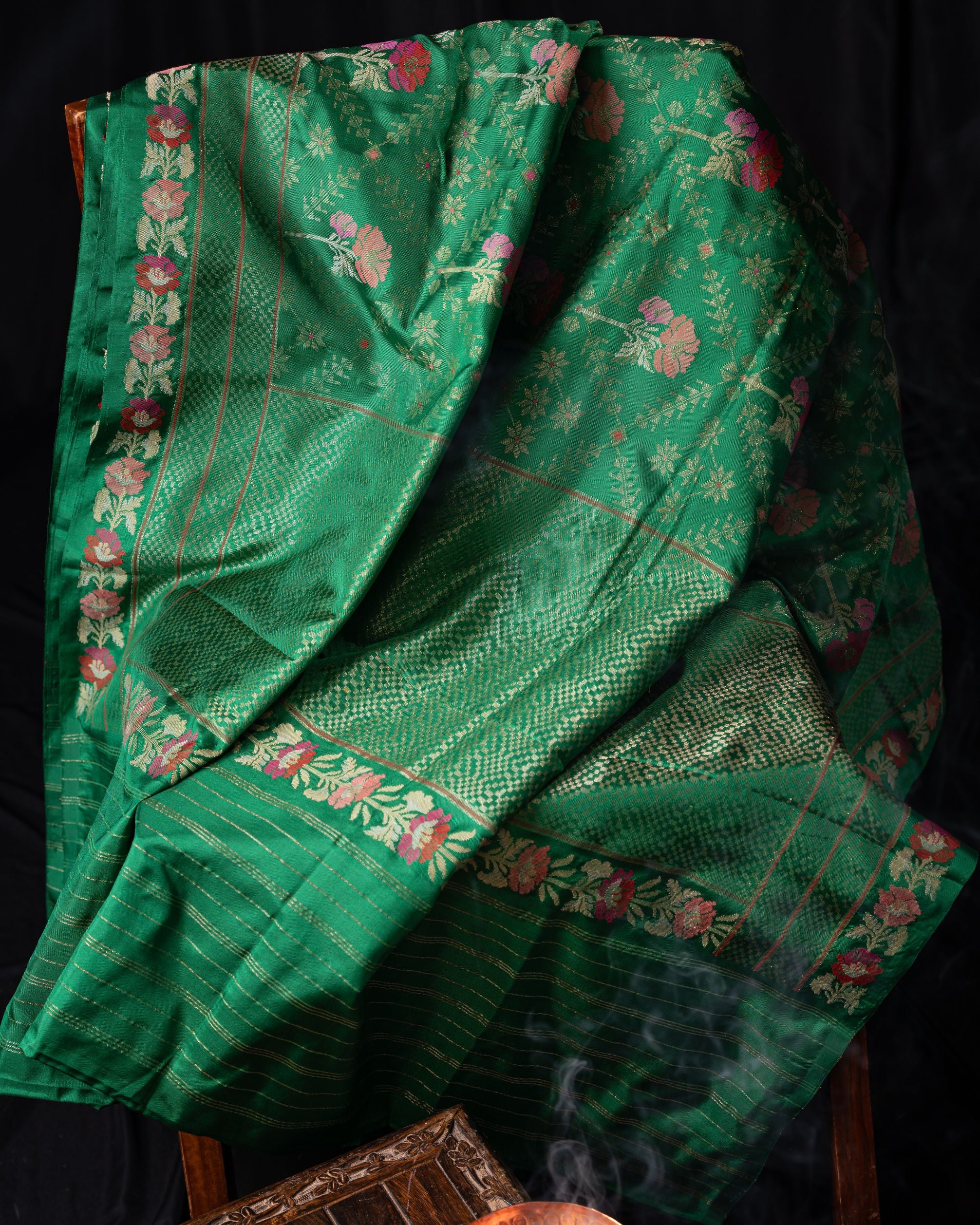 Banarasi Silk Jamdani Jaal Green Saree