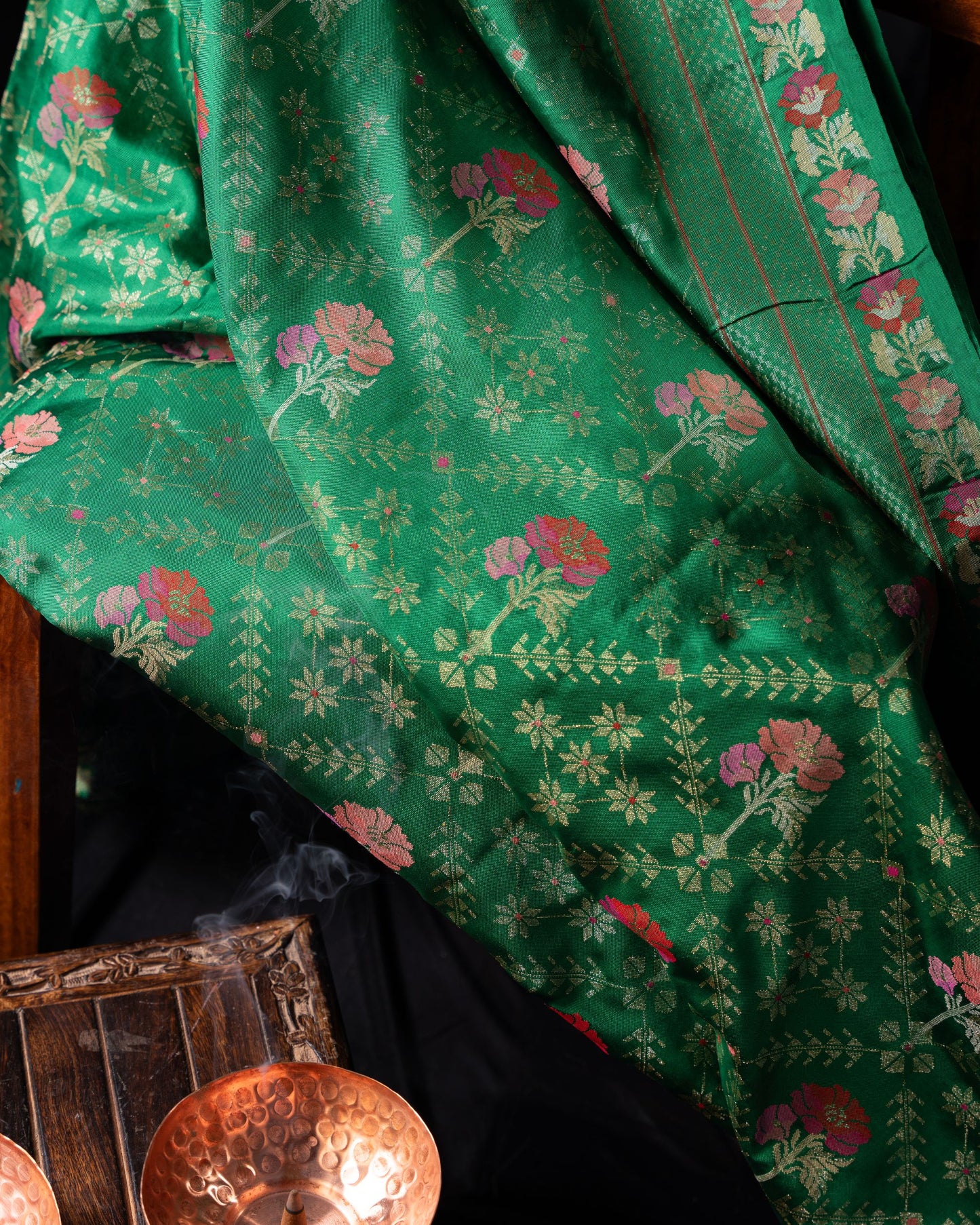 Banarasi Silk Jamdani Jaal Green Saree