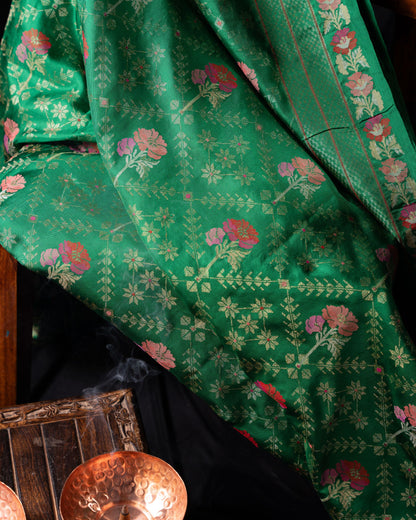 Banarasi Silk Jamdani Jaal Green Saree