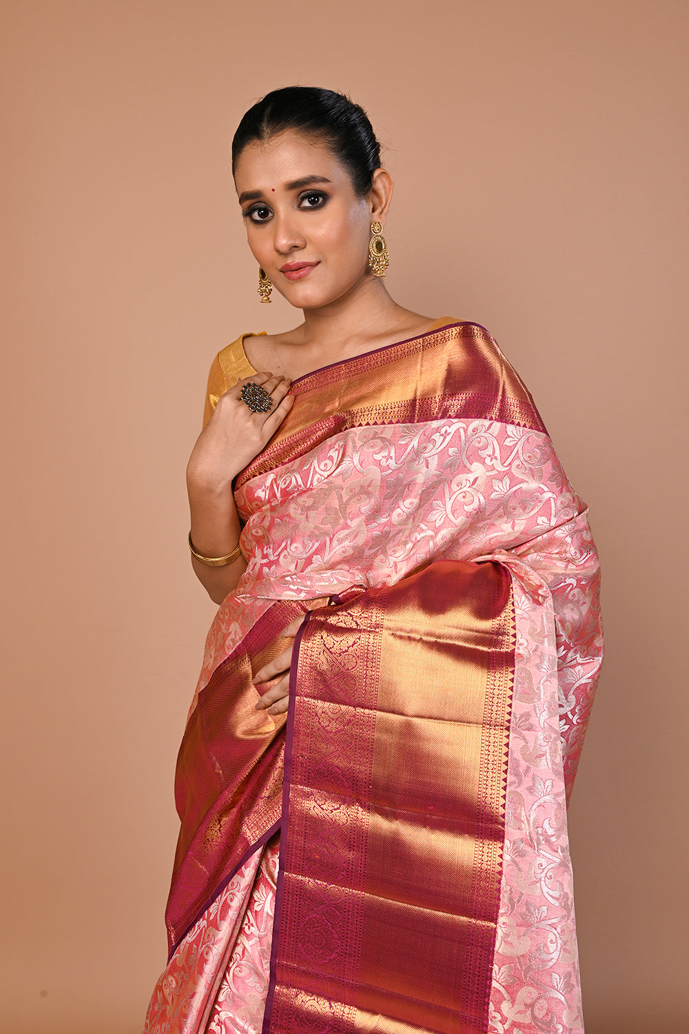 Kanchipuram Silk Tissue Jaal Pink Saree