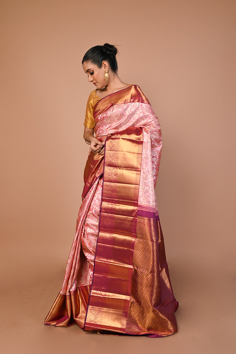 Kanchipuram Silk Tissue Jaal Pink Saree