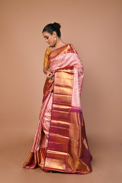 Kanchipuram Silk Tissue Jaal Pink Saree