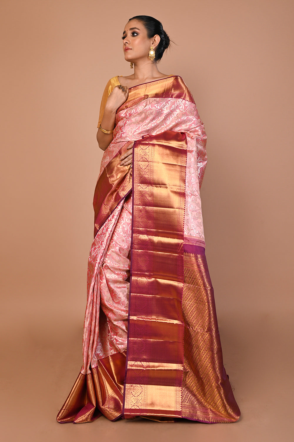 Kanchipuram Silk Tissue Jaal Pink Saree