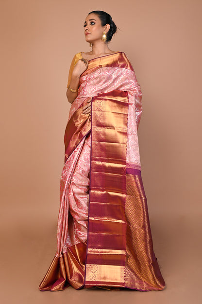 Kanchipuram Silk Tissue Jaal Pink Saree