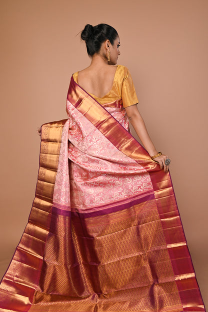 Kanchipuram Silk Tissue Jaal Pink Saree