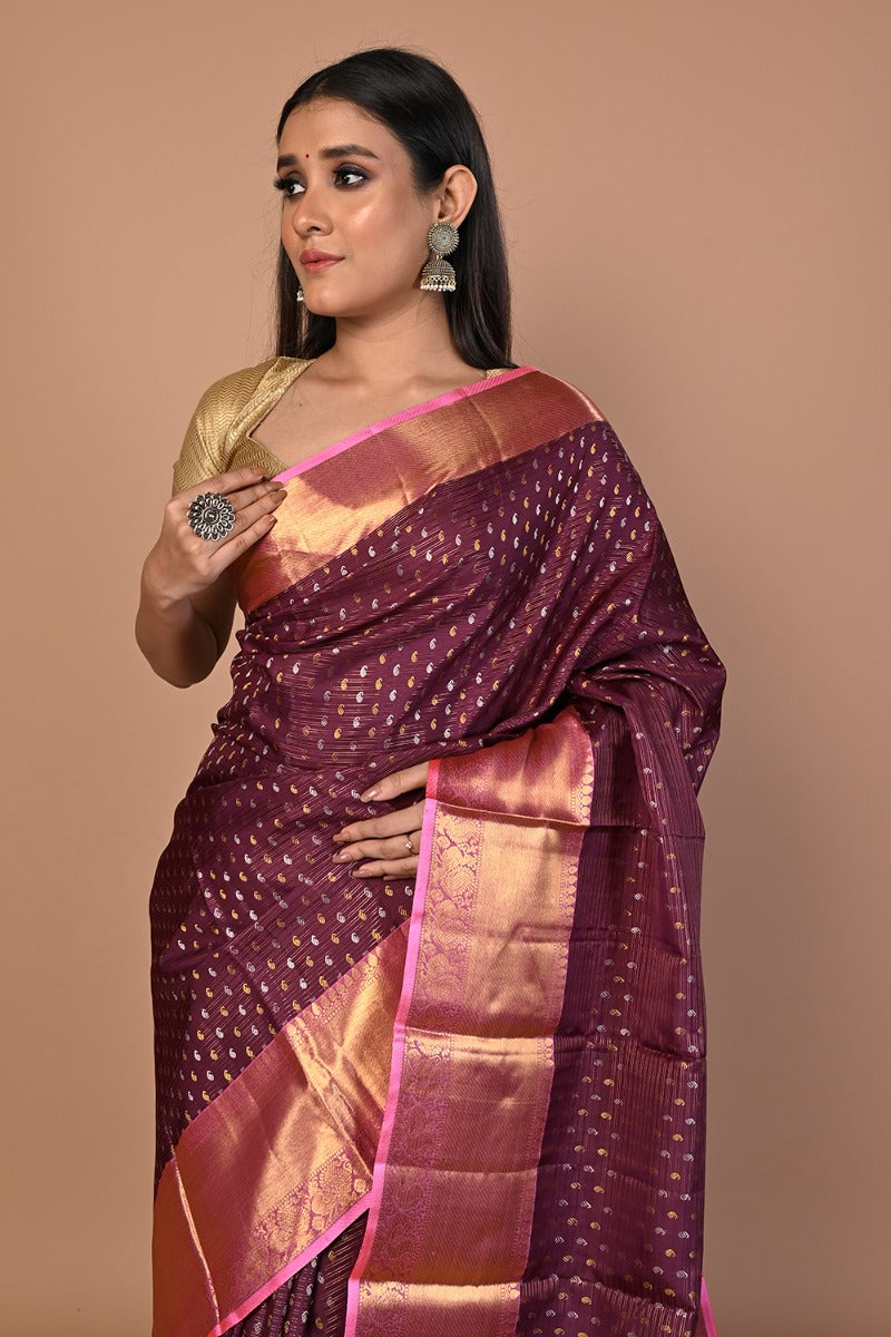 Kanchipuram Silk Horizontal Lines And Butta Purple Saree