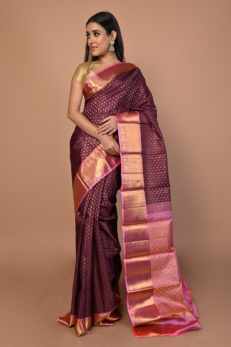 Kanchipuram Silk Horizontal Lines And Butta Purple Saree