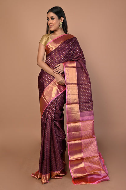 Kanchipuram Silk Horizontal Lines And Butta Purple Saree