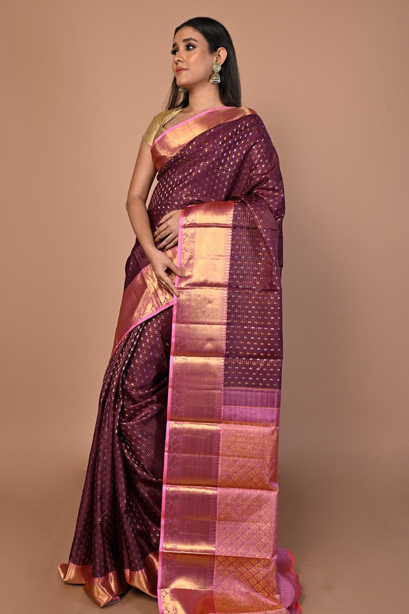 Kanchipuram Silk Horizontal Lines And Butta Purple Saree