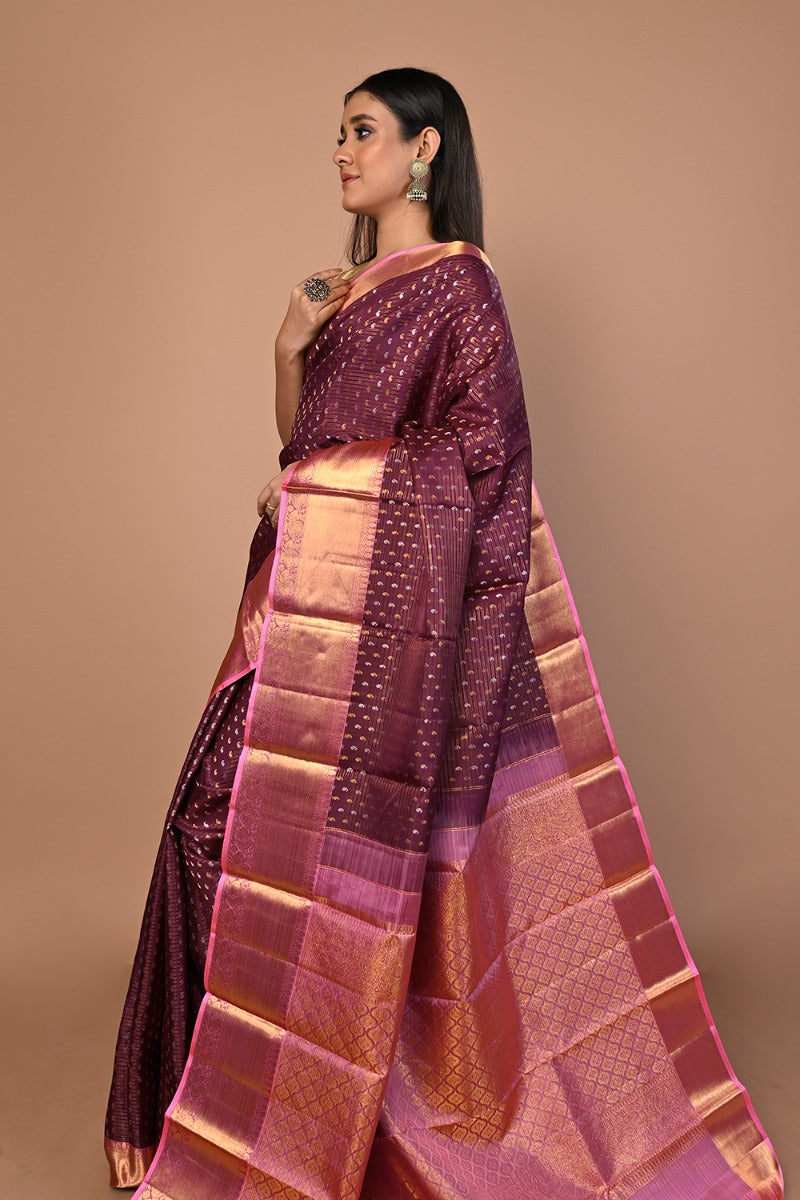 Kanchipuram Silk Horizontal Lines And Butta Purple Saree