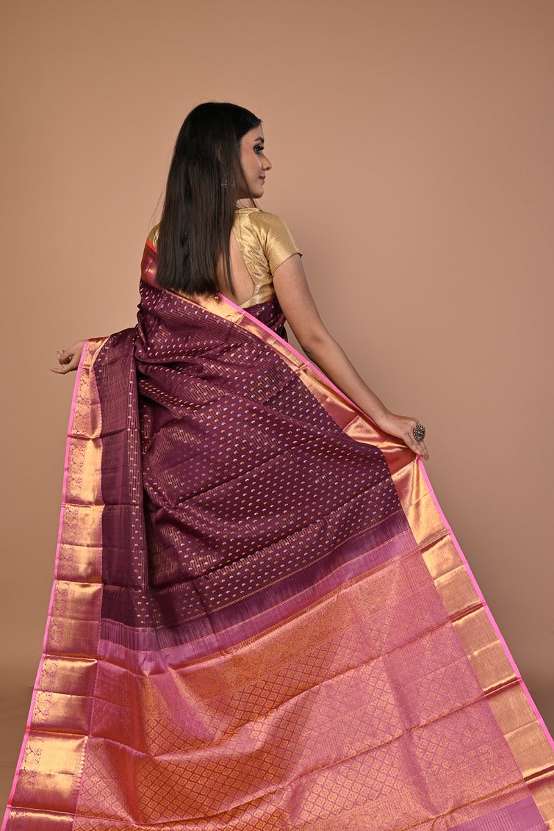 Kanchipuram Silk Horizontal Lines And Butta Purple Saree
