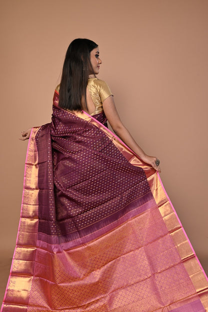 Kanchipuram Silk Horizontal Lines And Butta Purple Saree