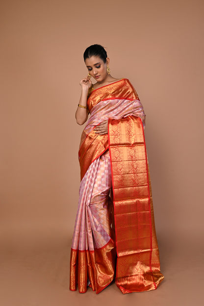 Kanchipuram Silk Tissue Brocade Pink Saree