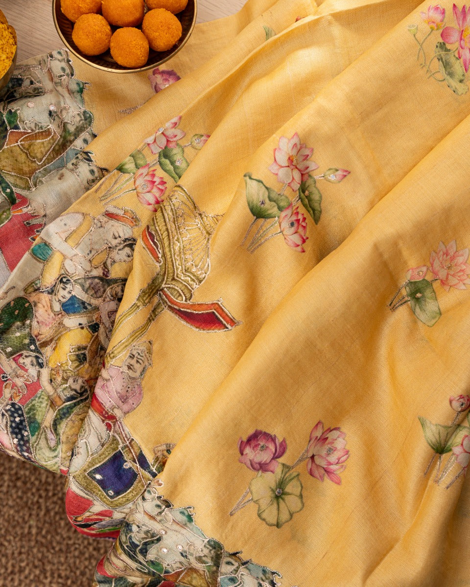 Tussar Pichwai Printed And Embroidery Yellow Saree