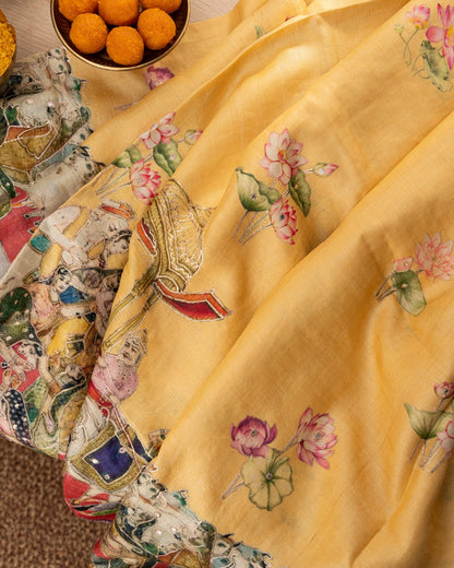 Tussar Pichwai Printed And Embroidery Yellow Saree