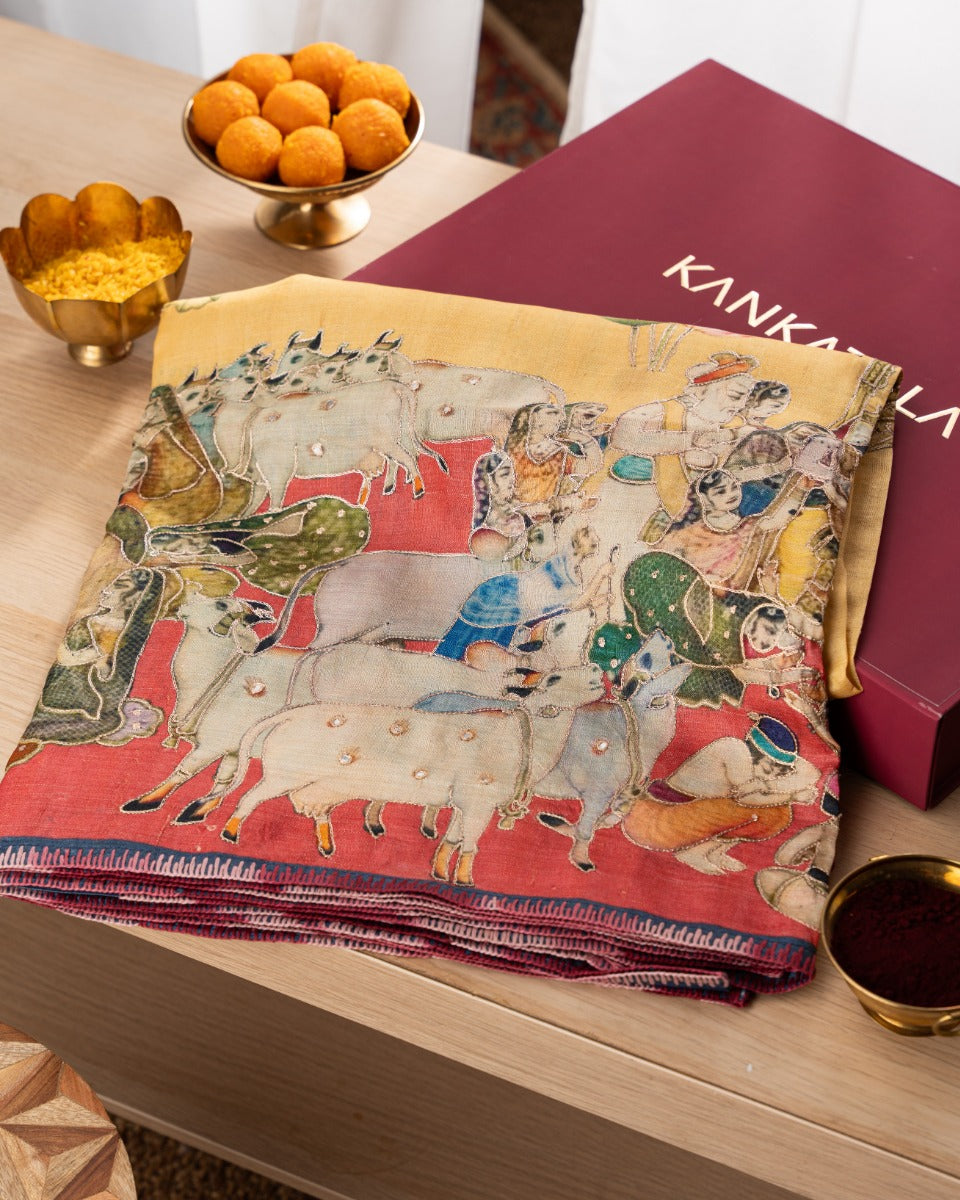 Tussar Pichwai Printed And Embroidery Yellow Saree