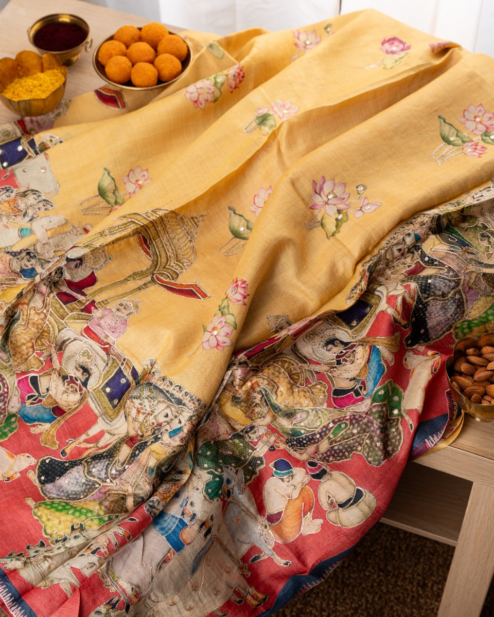 Tussar Pichwai Printed And Embroidery Yellow Saree