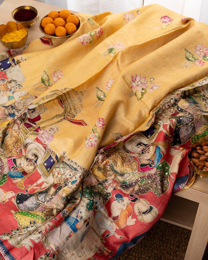 Tussar Pichwai Printed And Embroidery Yellow Saree
