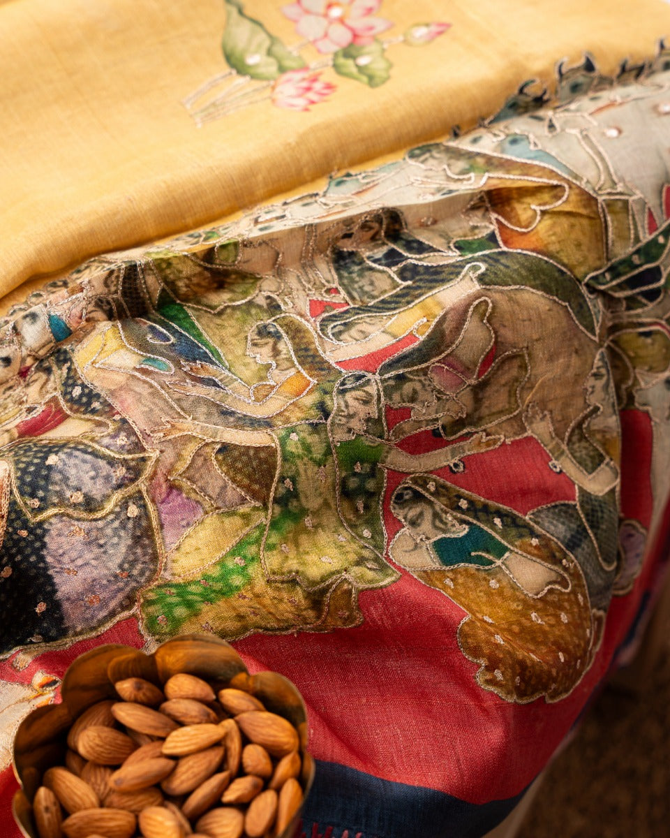 Tussar Pichwai Printed And Embroidery Yellow Saree