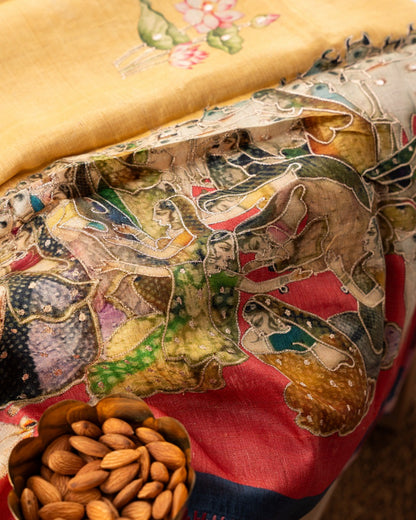 Tussar Pichwai Printed And Embroidery Yellow Saree