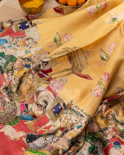 Tussar Pichwai Printed And Embroidery Yellow Saree