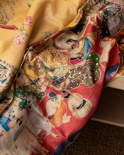 Tussar Pichwai Printed And Embroidery Yellow Saree