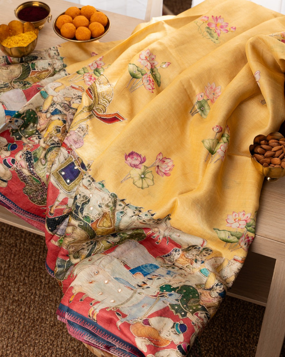 Tussar Pichwai Printed And Embroidery Yellow Saree