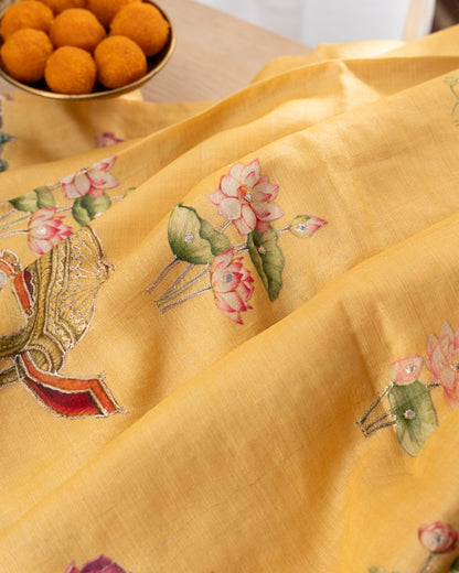 Tussar Pichwai Printed And Embroidery Yellow Saree