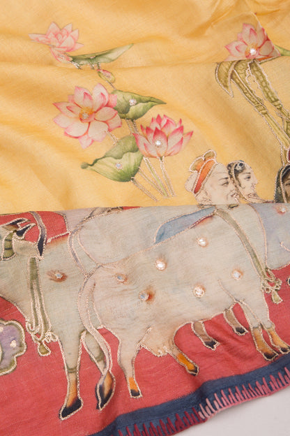 Tussar Pichwai Printed And Embroidery Yellow Saree
