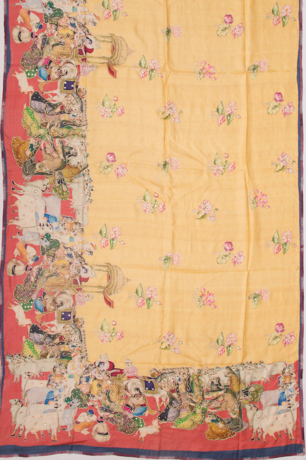 Tussar Pichwai Printed And Embroidery Yellow Saree