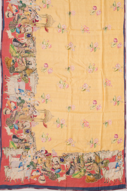 Tussar Pichwai Printed And Embroidery Yellow Saree