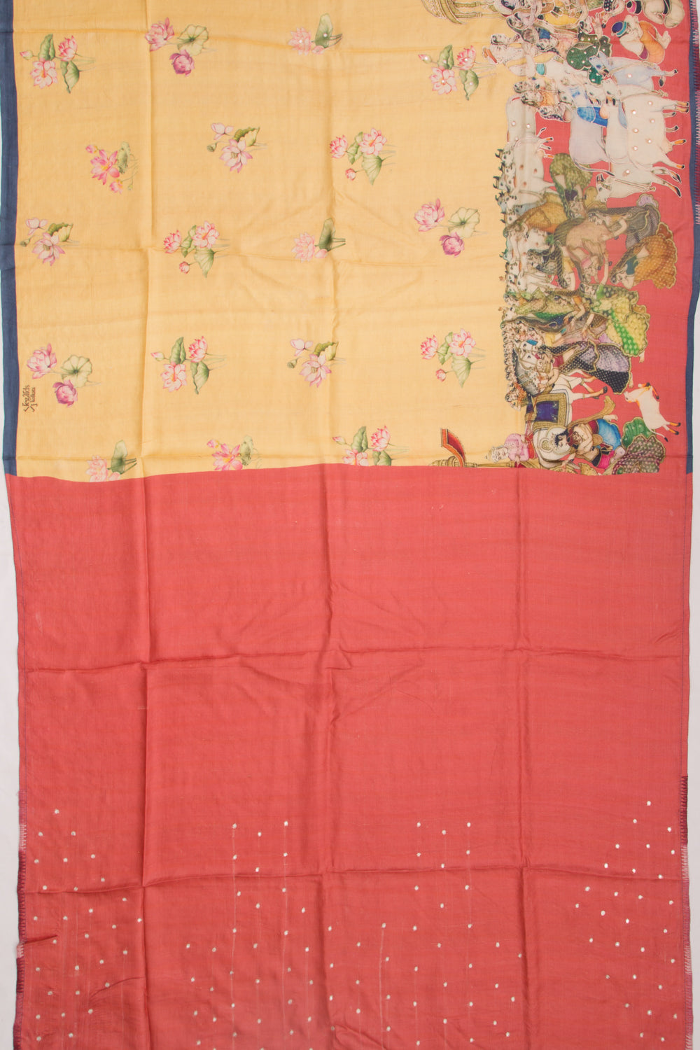 Tussar Pichwai Printed And Embroidery Yellow Saree