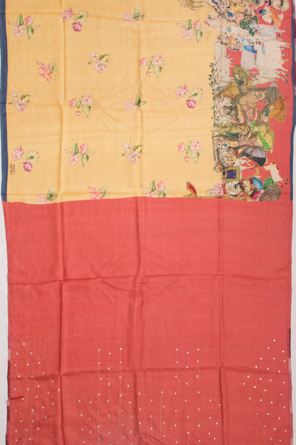 Tussar Pichwai Printed And Embroidery Yellow Saree