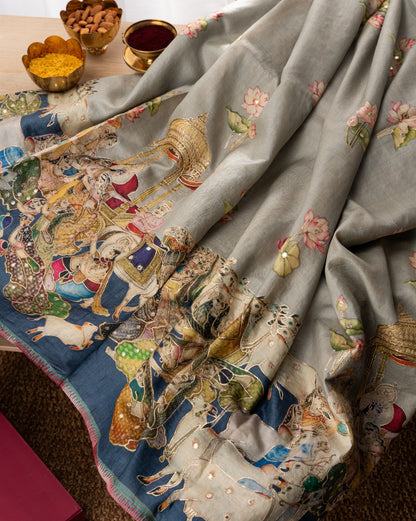 Tussar Pichwai Printed And Embroidery Grey Saree