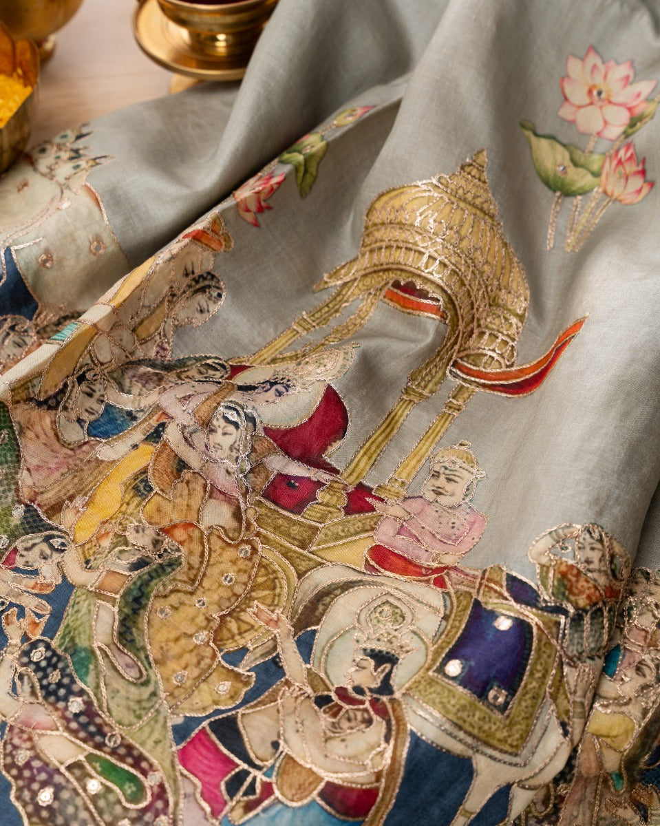 Tussar Pichwai Printed And Embroidery Grey Saree
