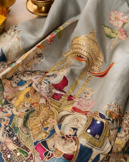 Tussar Pichwai Printed And Embroidery Grey Saree