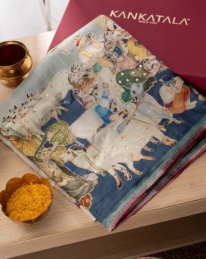 Tussar Pichwai Printed And Embroidery Grey Saree