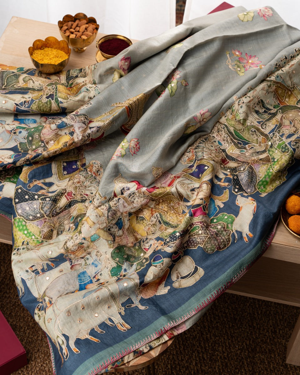Tussar Pichwai Printed And Embroidery Grey Saree