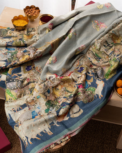 Tussar Pichwai Printed And Embroidery Grey Saree
