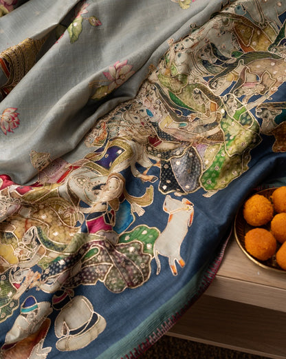 Tussar Pichwai Printed And Embroidery Grey Saree