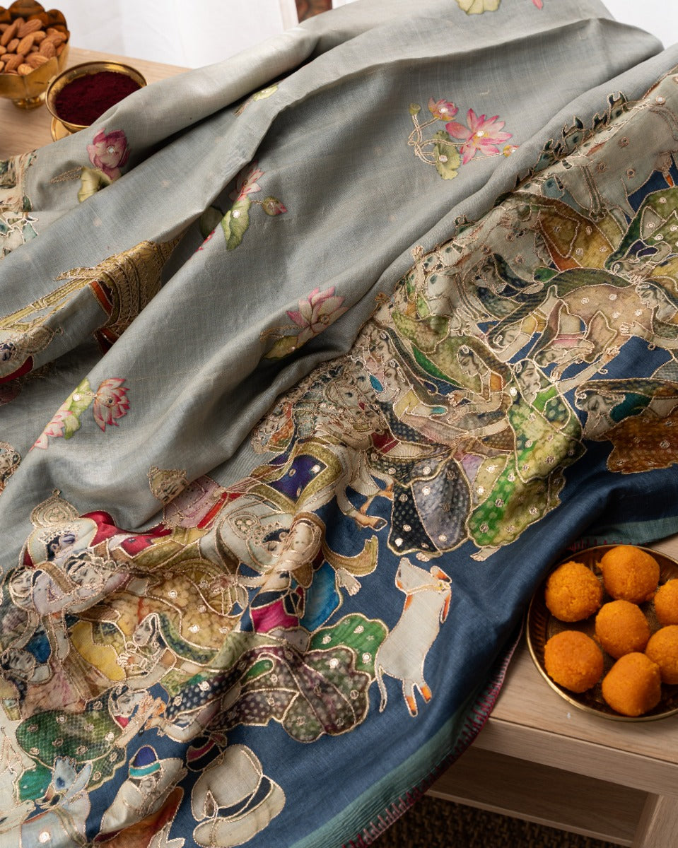 Tussar Pichwai Printed And Embroidery Grey Saree