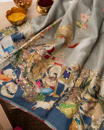 Tussar Pichwai Printed And Embroidery Grey Saree