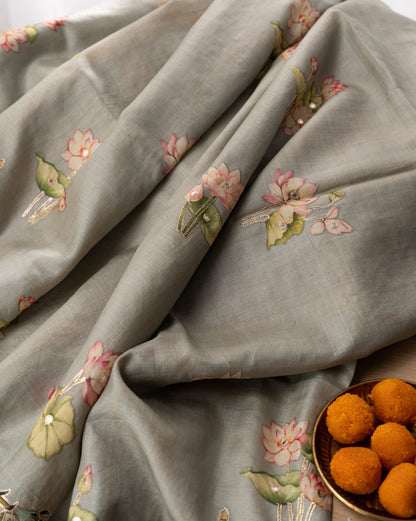 Tussar Pichwai Printed And Embroidery Grey Saree
