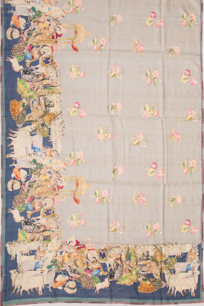 Tussar Pichwai Printed And Embroidery Grey Saree