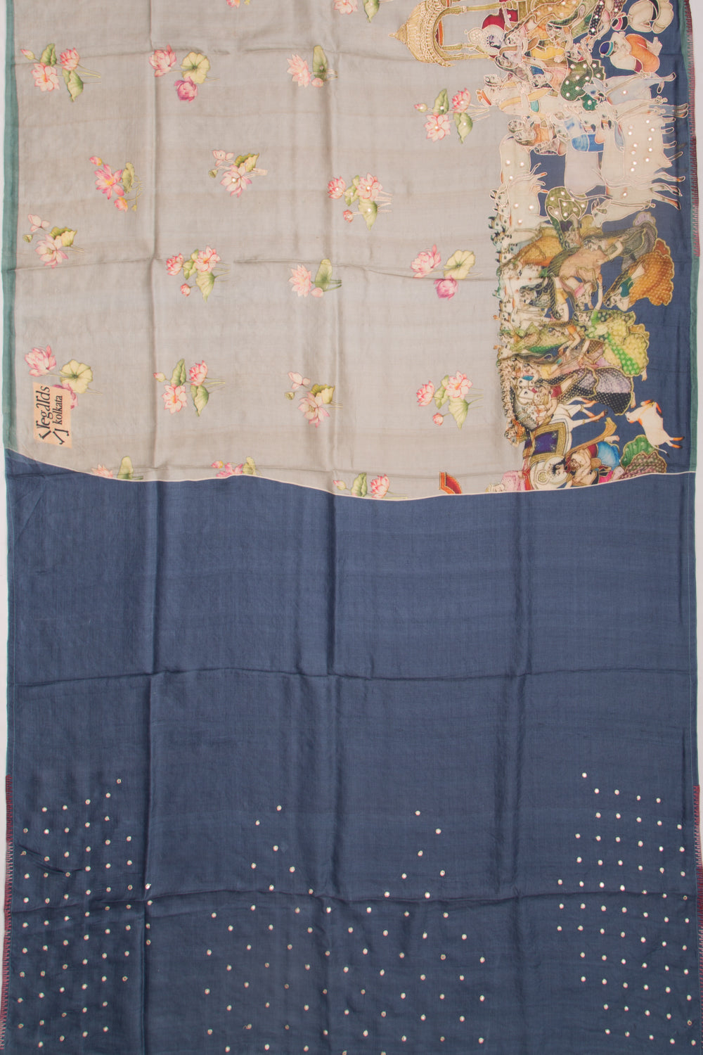Tussar Pichwai Printed And Embroidery Grey Saree