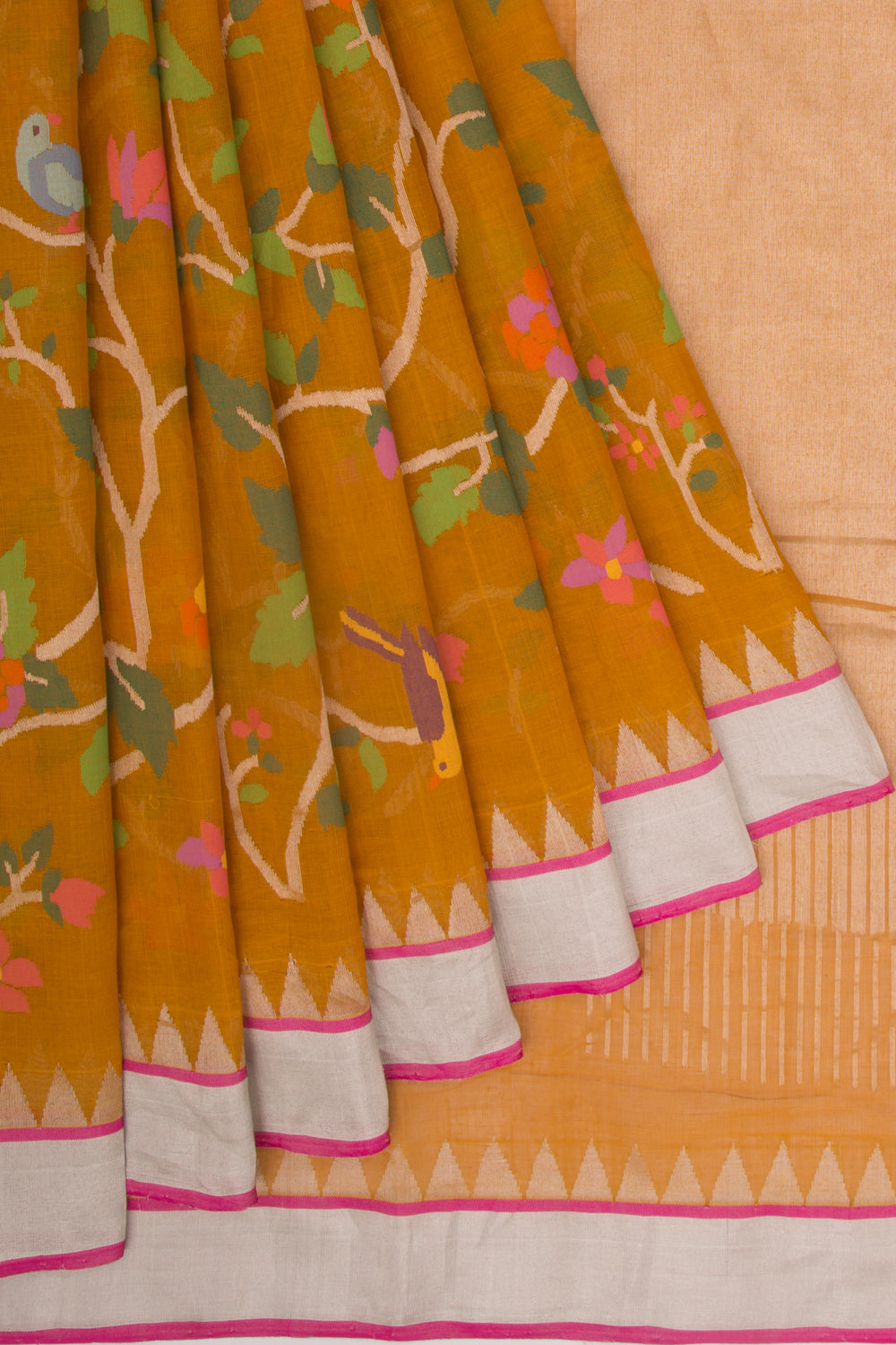 Handspun Cotton Jamdani Mustard Yellow Saree