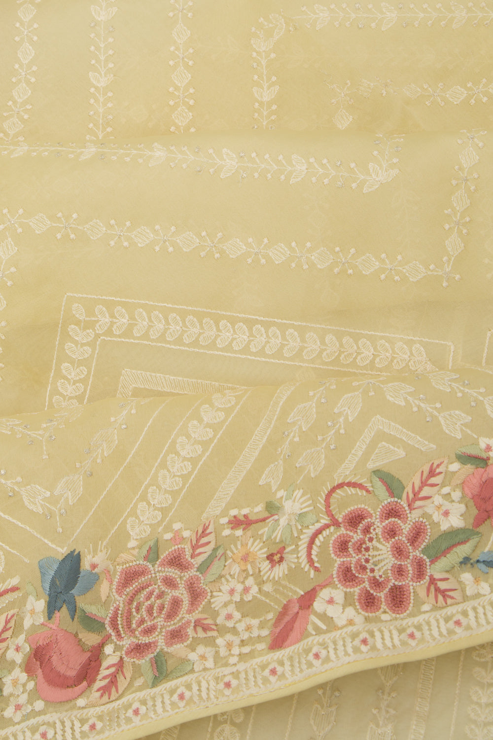 Organza Embroidery Brocade Lemon Yellow Saree