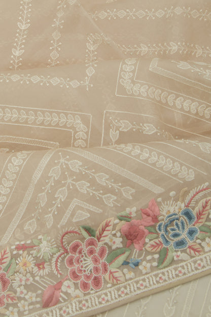 Organza Embroidery Brocade Cream Saree