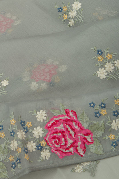 Organza Floral Embroidery Butta Grey Saree
